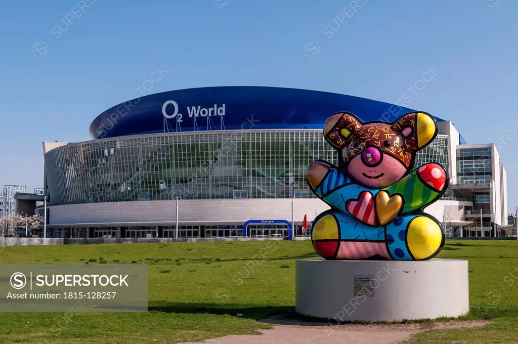 Germany, Berlin, Colorful bear sculpture in front of O2 World