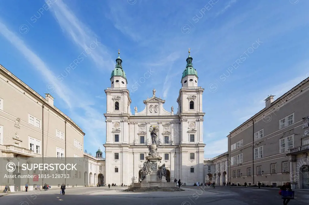 Austria, Salzburg, View of Domplatz square and Marian column at old town