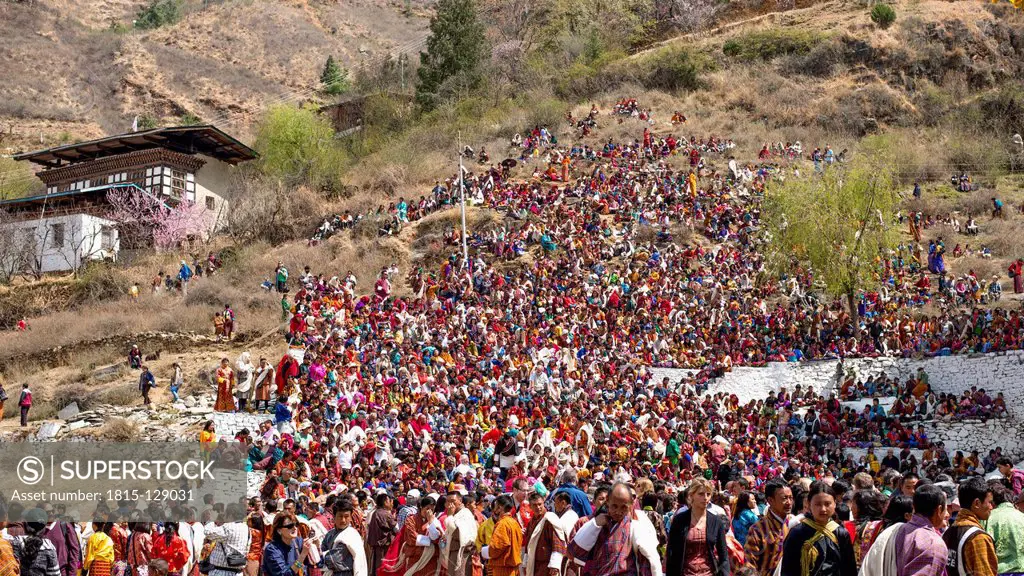 Bhutan, People celebrating Paro festival at Rinpung Dzong