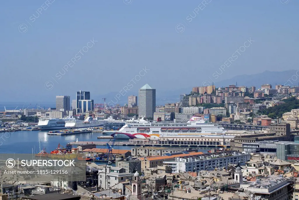 Italy, Genoa, View of old port with ferry and ship