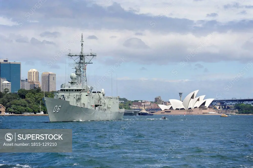 Australia, New South Wales, Sydney, View of Opera House and Australian Warship in Sydney