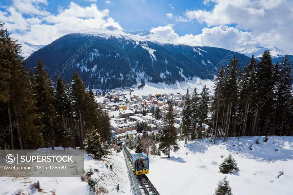 Switzerland, View of Schatzalp funicular and cityscape at Grison