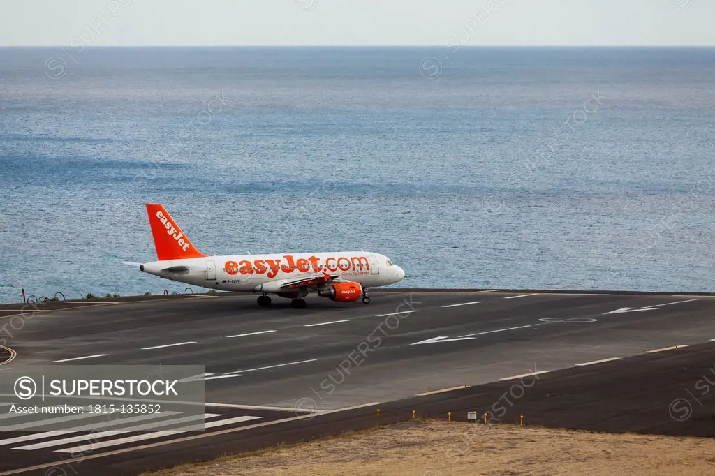 Portugal, Madeira, View of Airbus aeroplane at airport