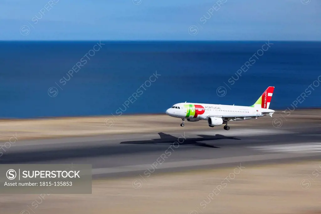 Portugal, Madeira, View of Airbus aeroplane landing at airport