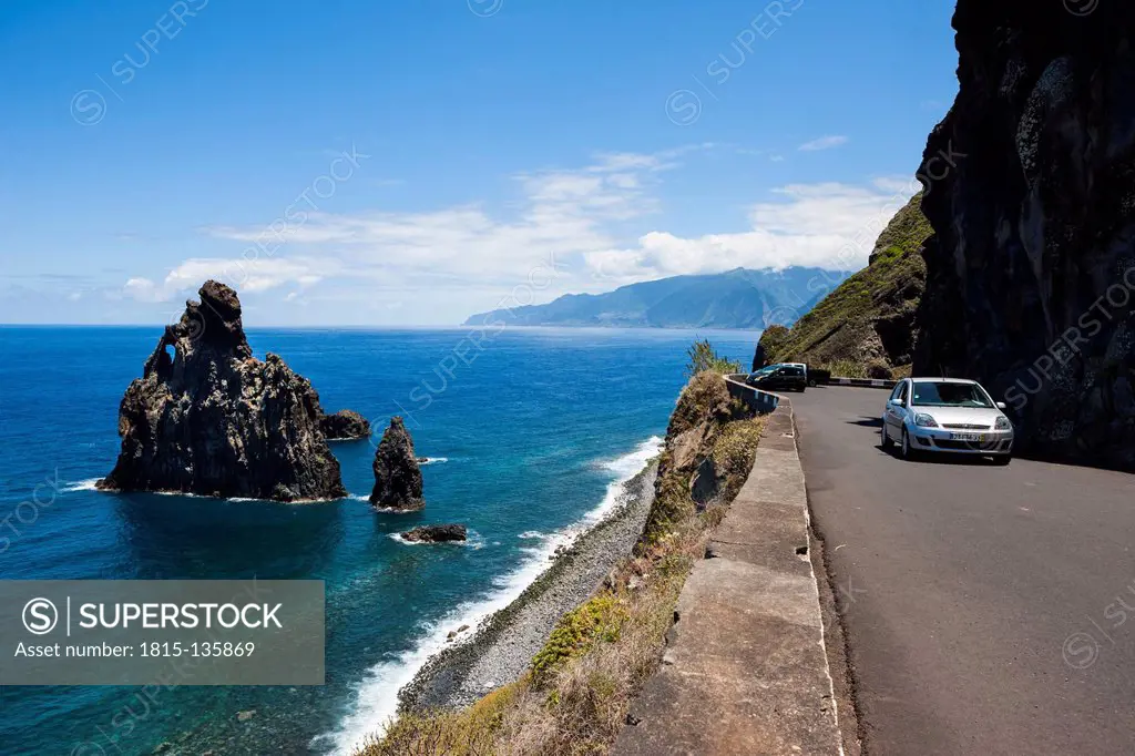 Portugal, Madeira, View of rock formations Ilheus da Rib on cliffs of Ribeira da Janela