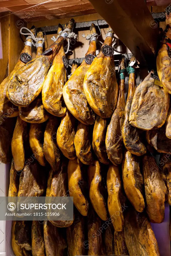 Spain, Mallorca, Palma, Spanish ham in fish market