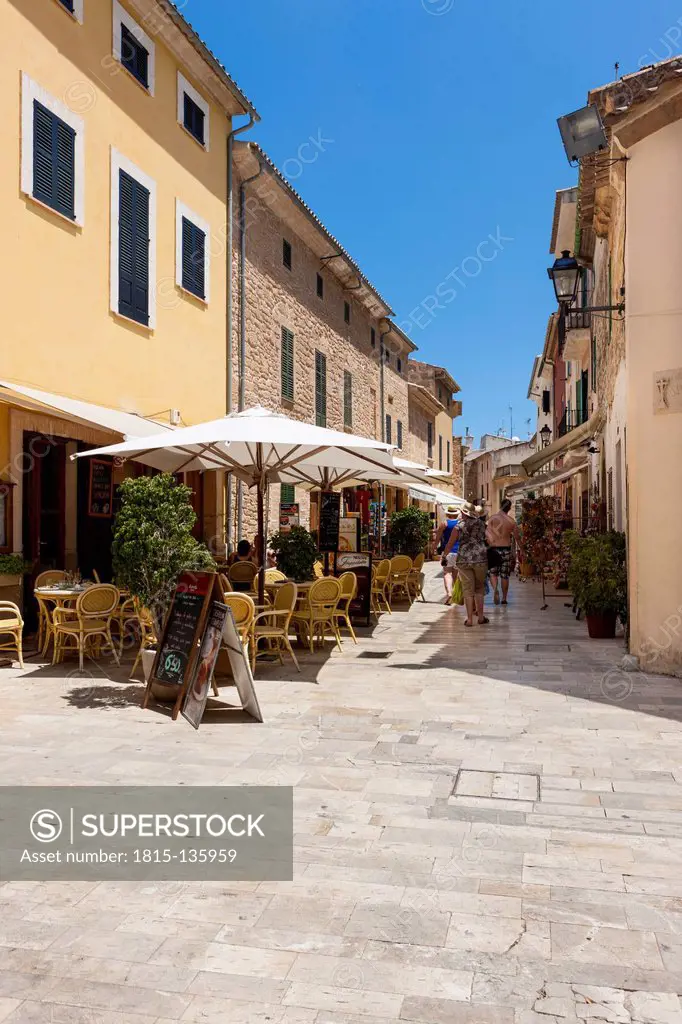 Spain, Mallorca, View of Street booths in old town of Alcudia
