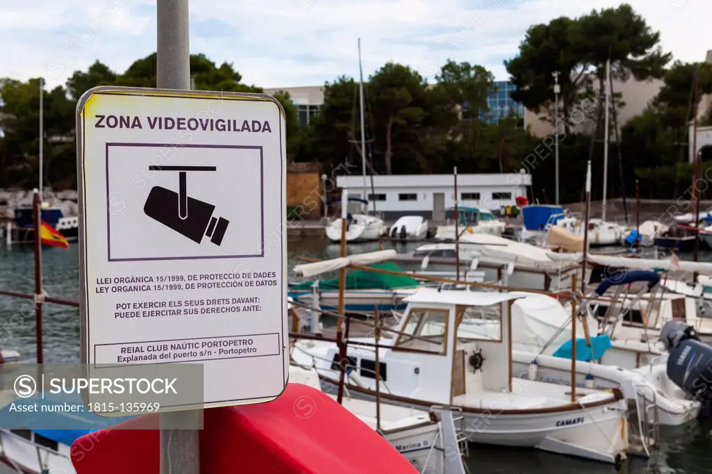 Spain, Mallorca, Information sign at Portopetro