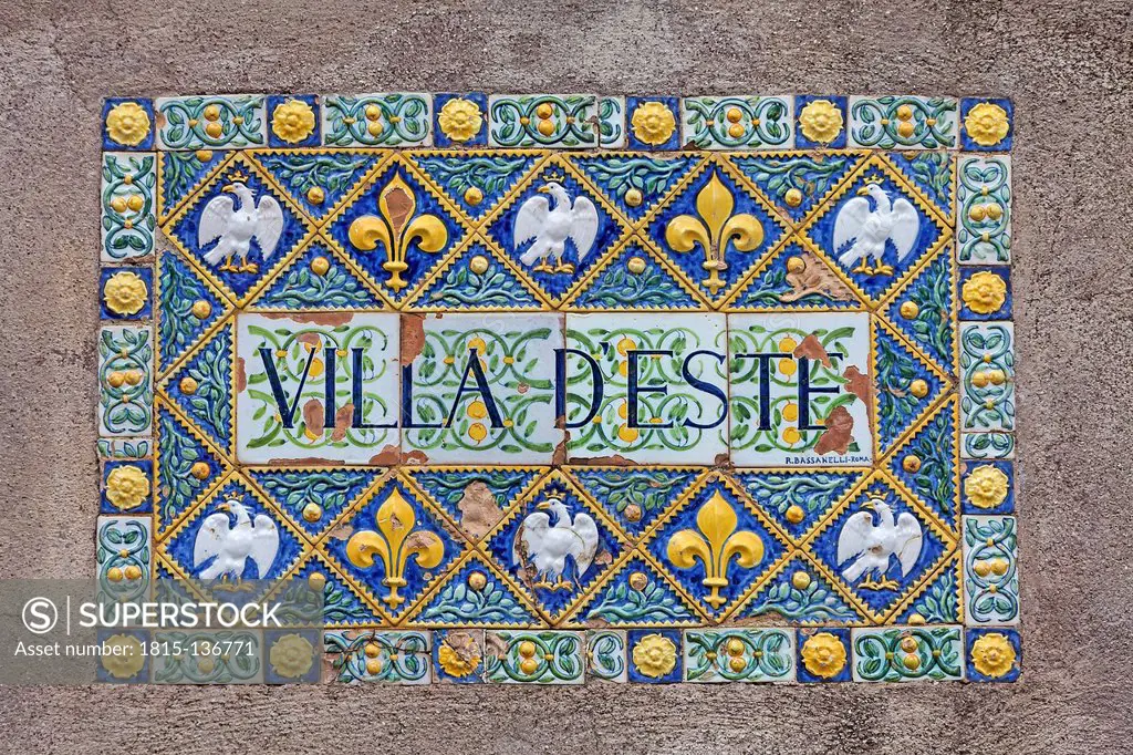 Italy, Door plate of Villa d'Este, close up