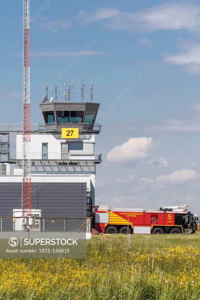 Germany, Laupheim, View of Fire truck and Aerodrome Control Tower