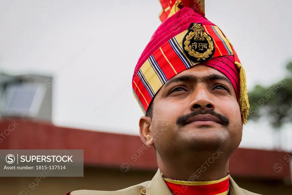 India, Amritsar, Solider at border ceremony, close up