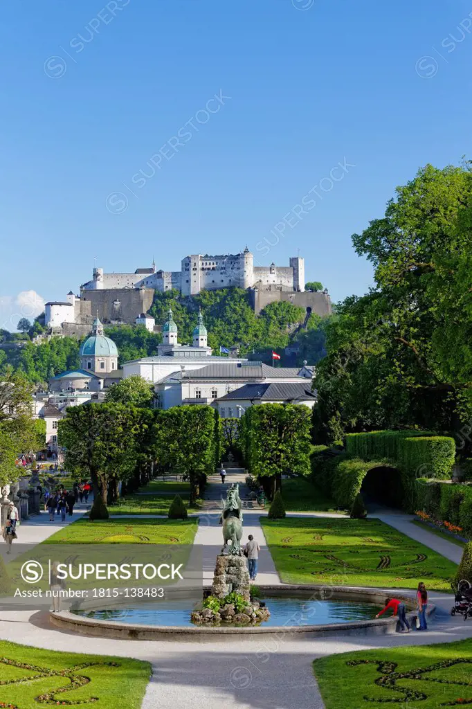 Austria, Salzburg, View of Mirabell Palace and Hohensalzburg Castle
