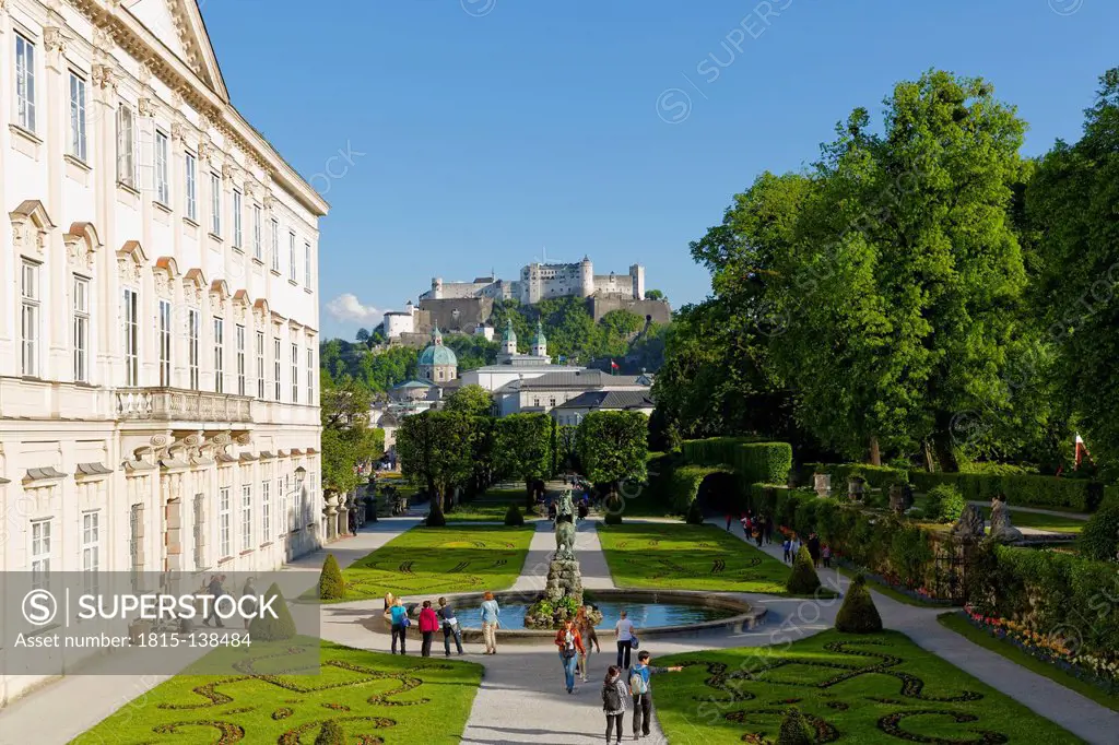 Austria, Salzburg, View of Mirabell Palace and Hohensalzburg Castle