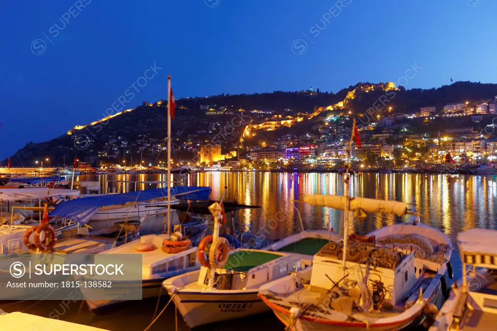 Turkey, View of Fishing port at dusk