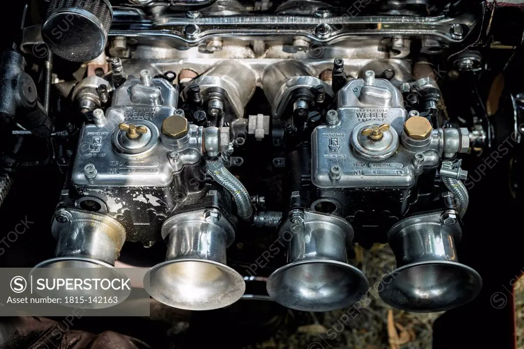 Germany, Baden Wuerttemberg, Weber twin carburetor of car engine
