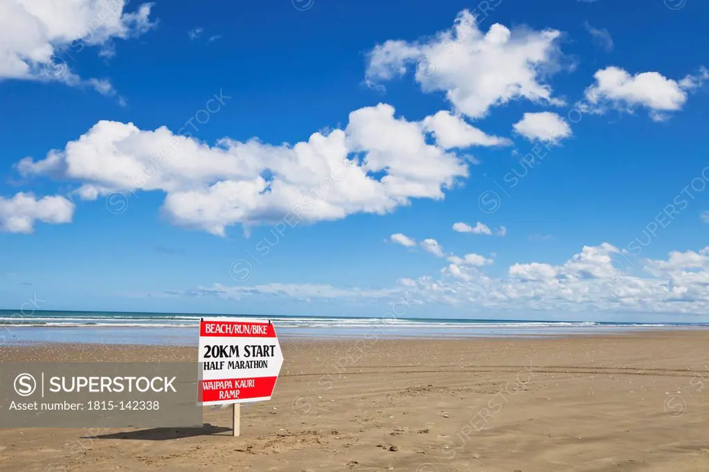 New Zealand, View of sign board at Ninety Mile Beach