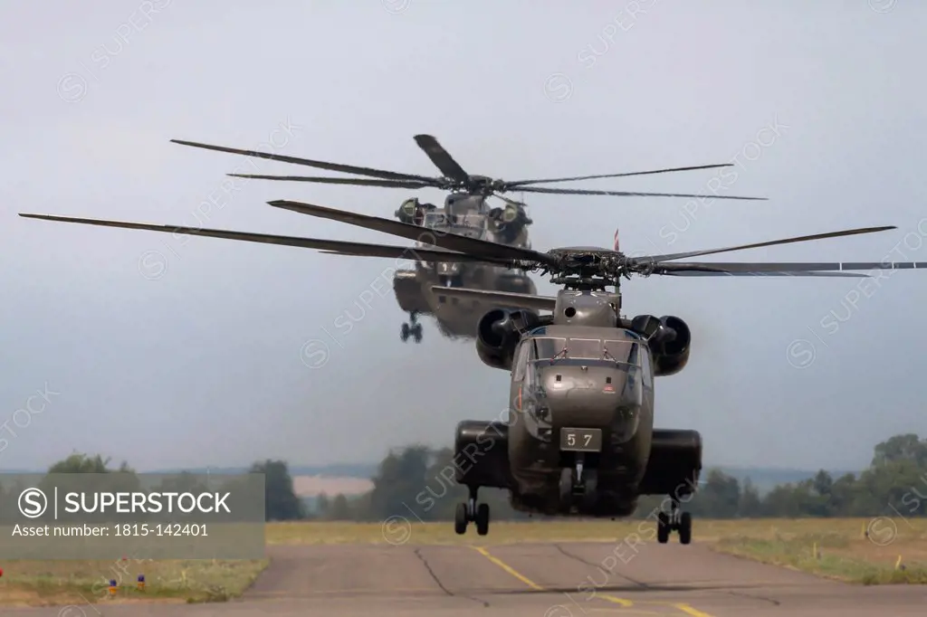 Germany, Baden Wuerttemberg, Laupheim. View of CH-53 helicopter landing