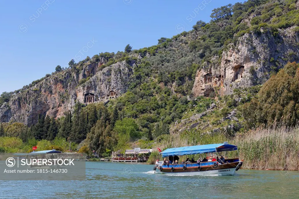 Turkey, Excursion boats on Dalyan River and Lycian Rock Tombs of Kaunos