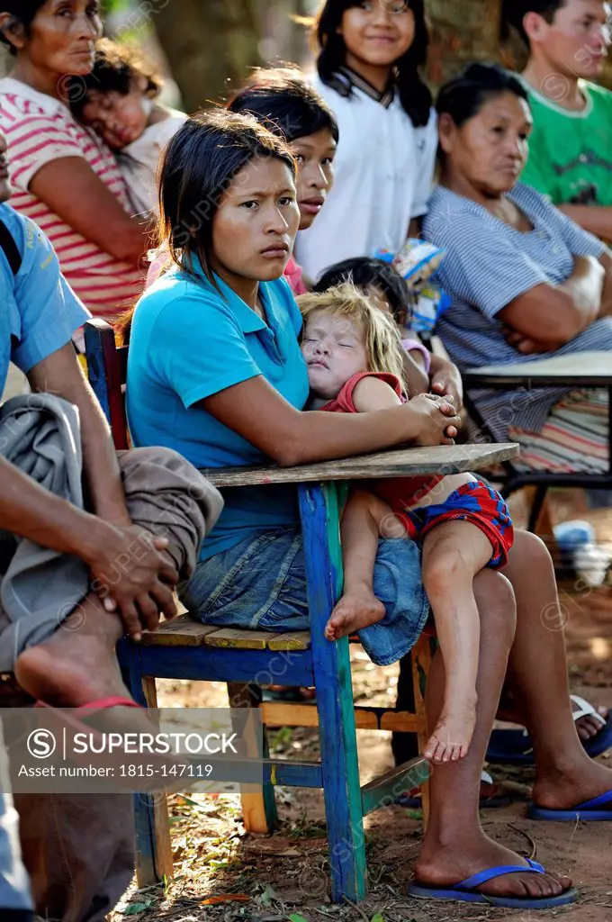 Paraguay, Caaguazu, Kambay, Women and children from the Mbya Guarani people on a village assembly