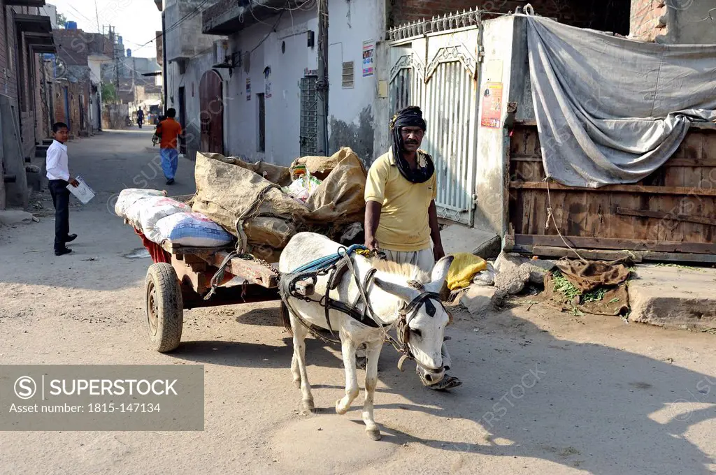 Pakistan, Punjab, Youhanabad, Man transporting goods on wood cart