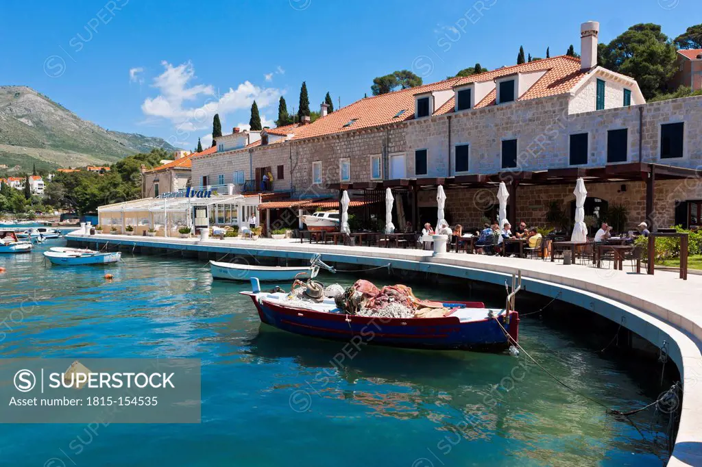 Croatia, Cavtat, Boats in harbour bay near old town
