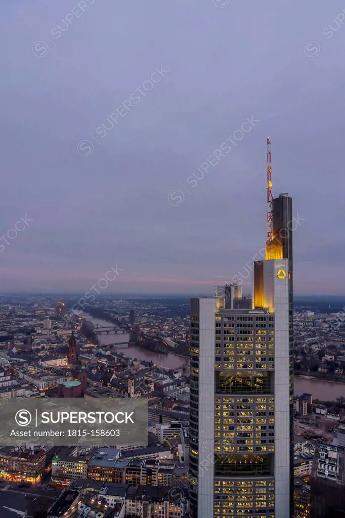 Germany, Hesse, Frankfurt, Commerzbank Tower at financal district in the evening