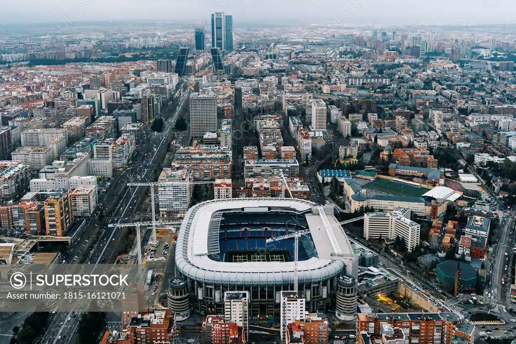 Spain, Madrid, Aerial view of Santiago Bernabeu Stadium