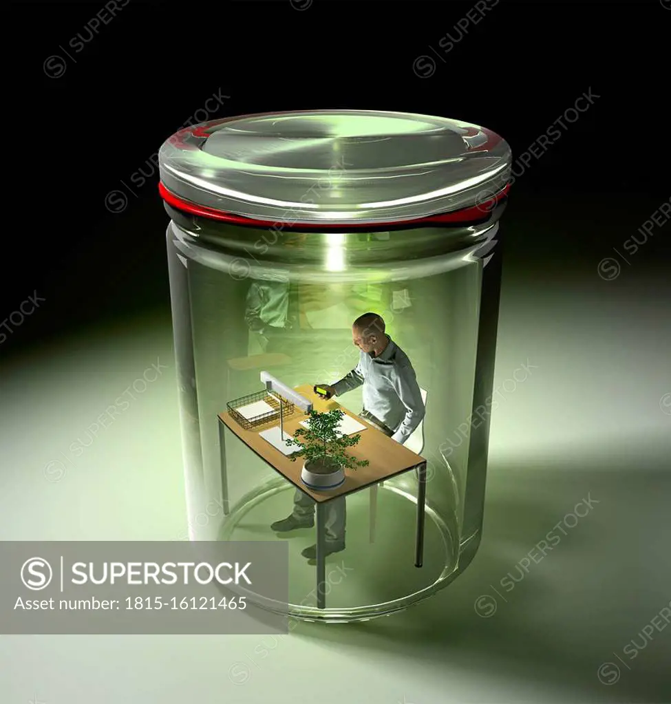 3D rendering of man working at desk, isolated in preserving jar