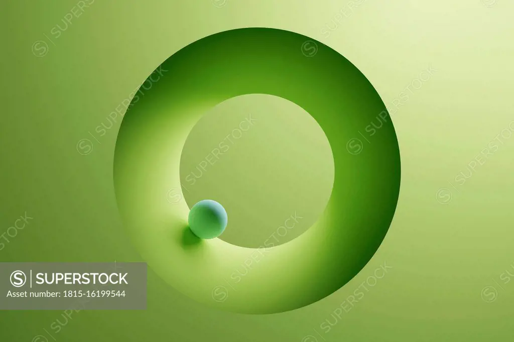 Three dimensional render of small sphere inside green ring