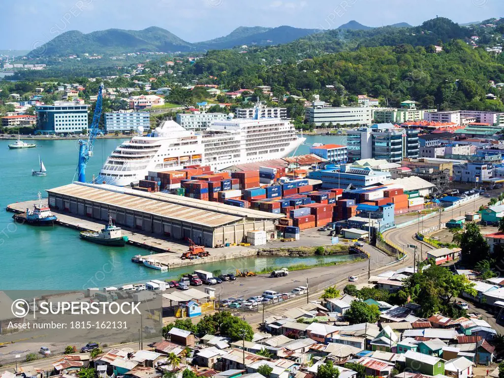 Caribbean, Lesser Antilles, Saint Lucia, Castries, cityscape and container harbour