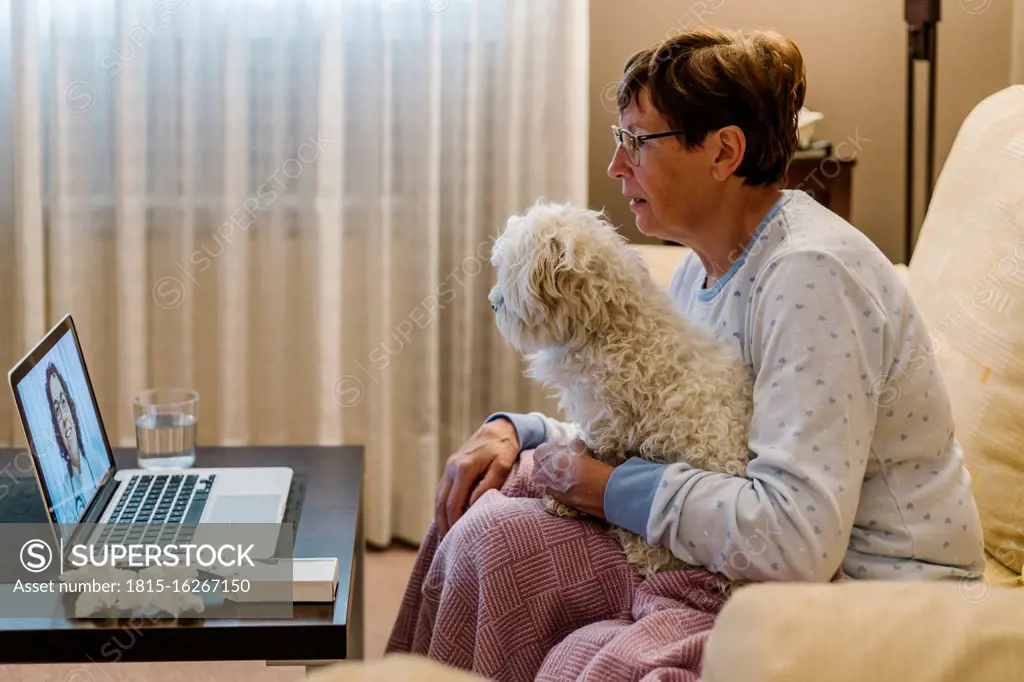 Ill senior woman discussing with doctor over video call while holding dog at home