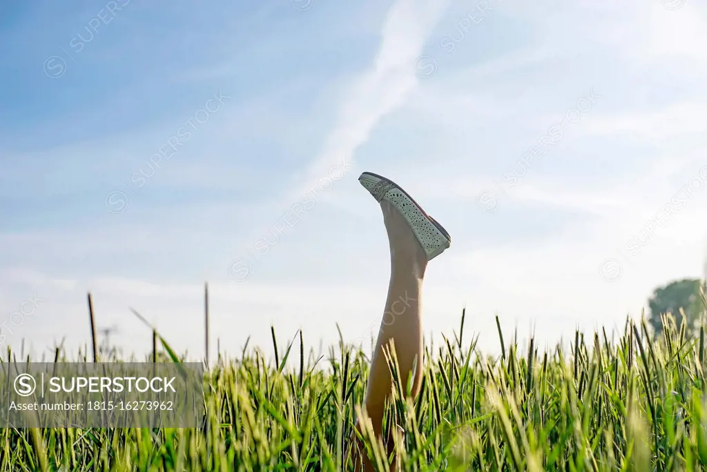 Woman wearing shoe with foot up amidst plants against sky