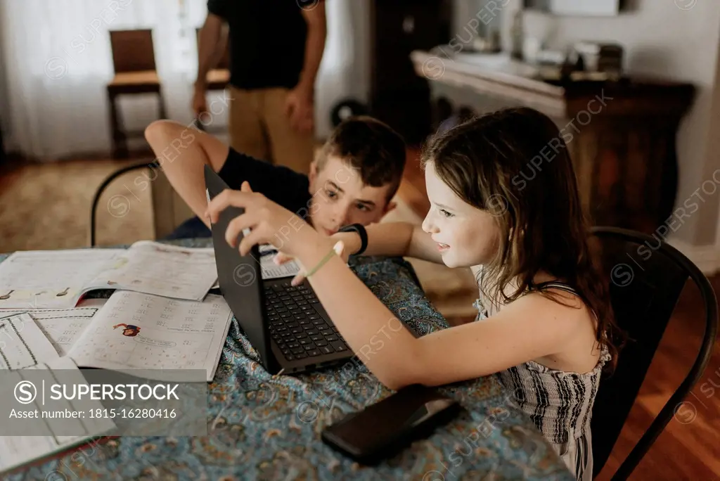 Siblings studying over laptop at home during curfew