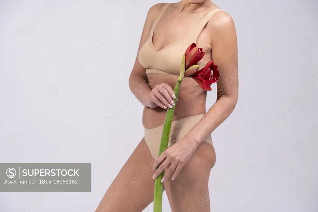 Woman wearing lingerie holding flower while standing against gray background