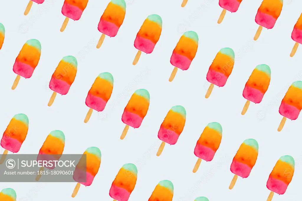 Colorful popsicles, summer watercolor pattern on white background