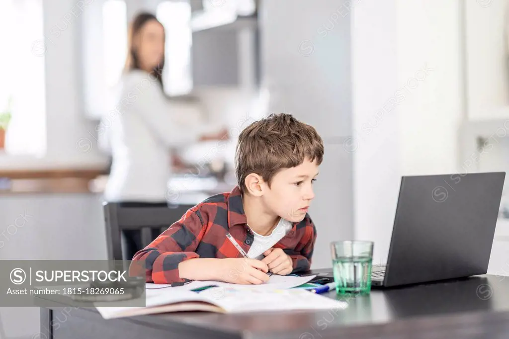 Boy concentrating whiling studying through laptop at home