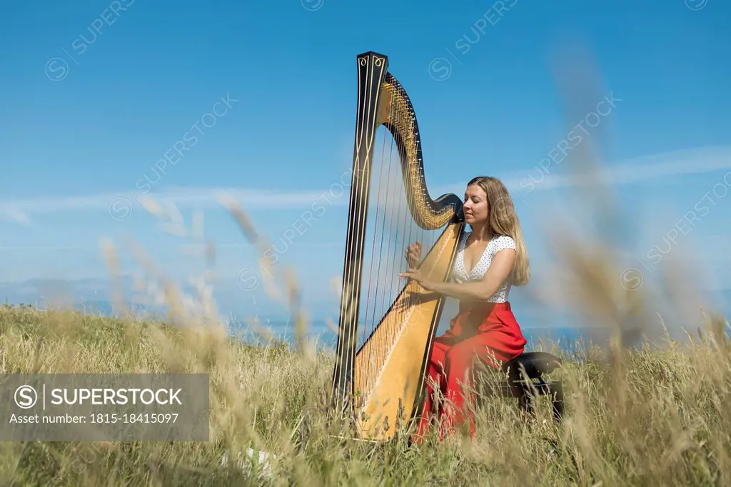 Young female musician practicing harp in meadow during sunny day