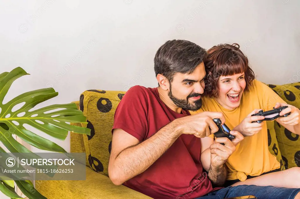 Cheerful couple playing video game at home