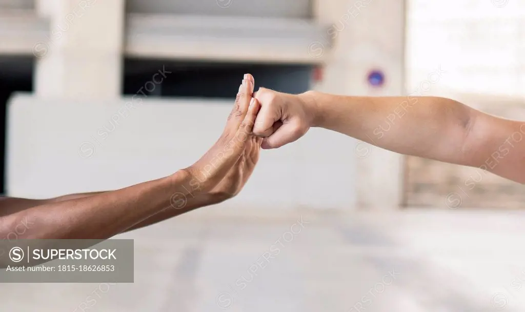 Mid adult woman punching hand of female friend
