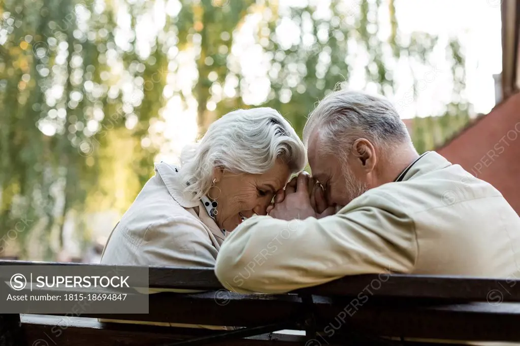 Couple holding hand while sitting with face to face on bench