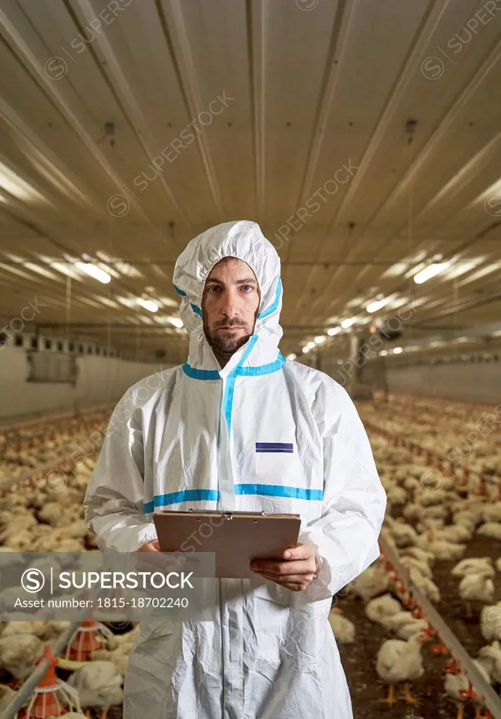 Man with clipboard in chicken factory