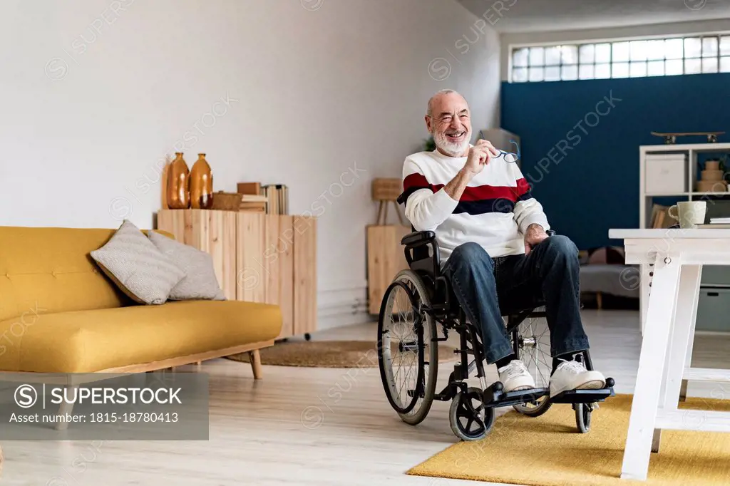 Smiling senior freelancer on wheelchair in living room
