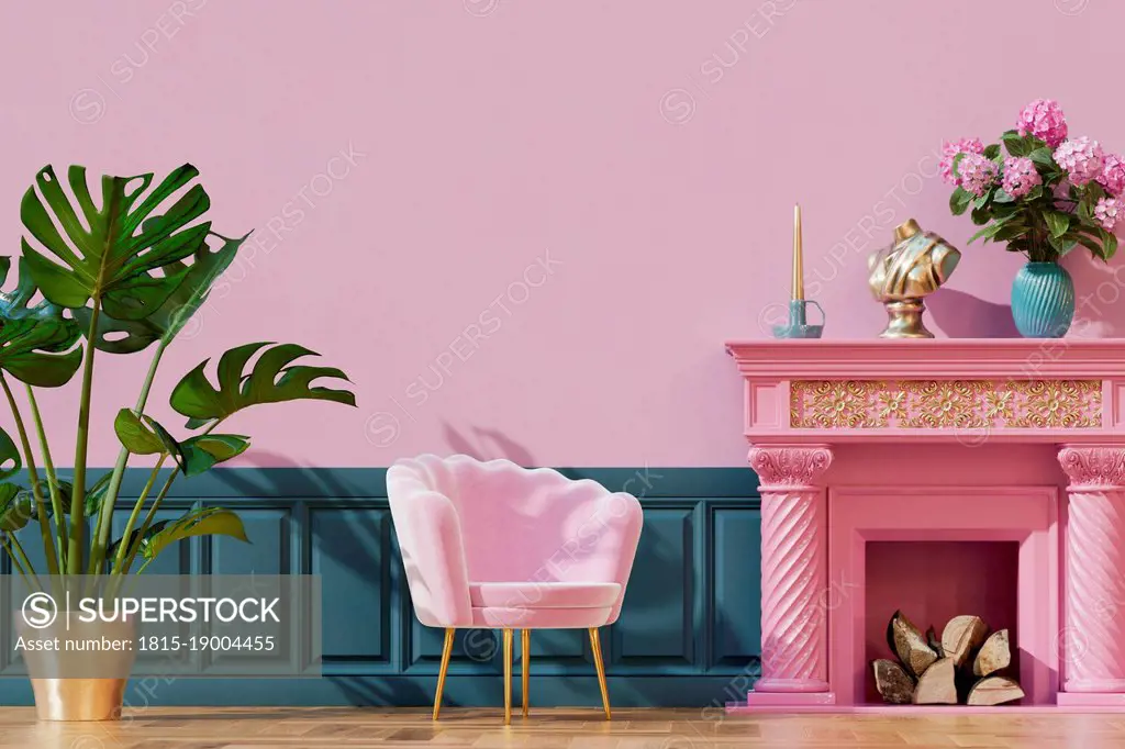Three dimensional render of living room with single chair, potted plant, wall panels and fireplace