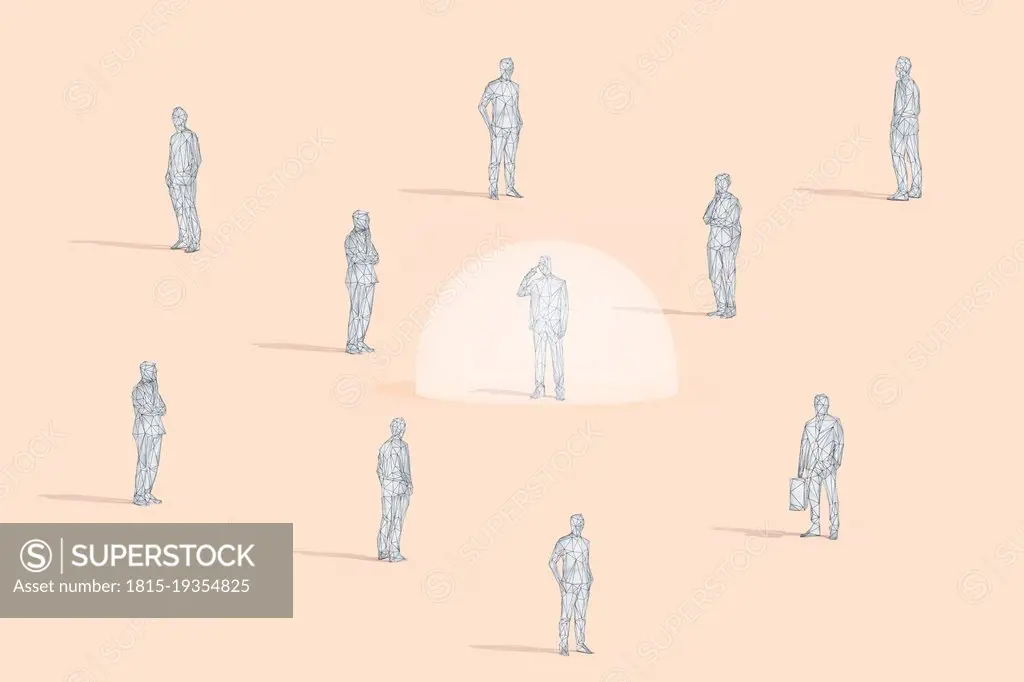 Low poly wireframe of businessman in bubble amidst colleagues at studio