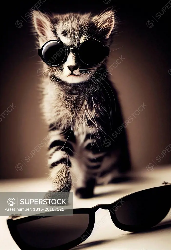 Cute kitten wearing black sunglasses in front of wall