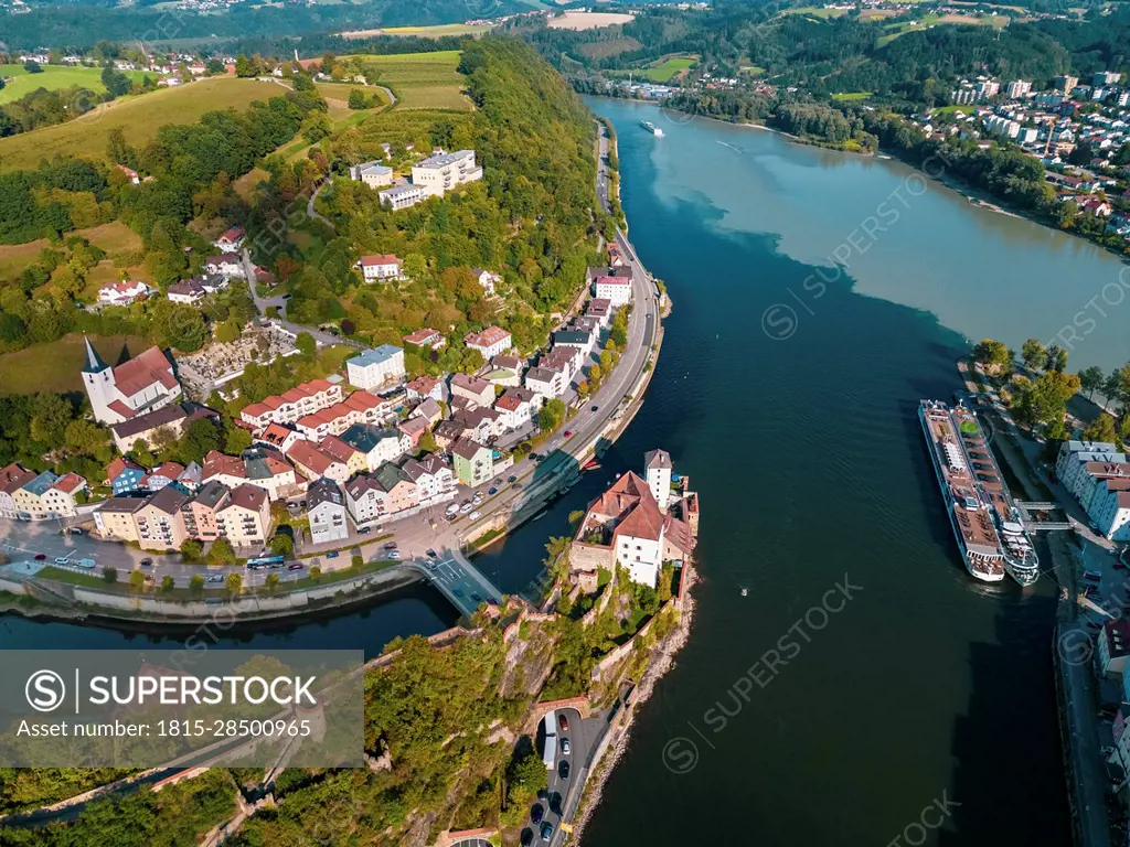 Germany, Bavaria, Passau, Aerial view of confluence of Danube, Inn and Ilz rivers