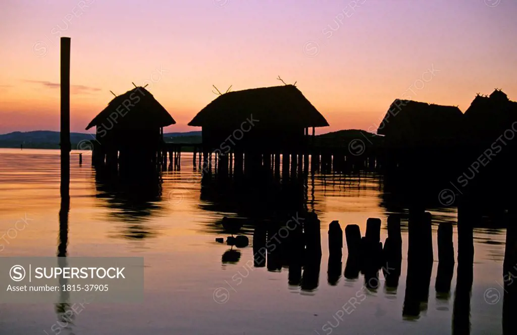 South Germany, Lake Constance, bronze_age village at open_air_museum of Uhldingen at sunset