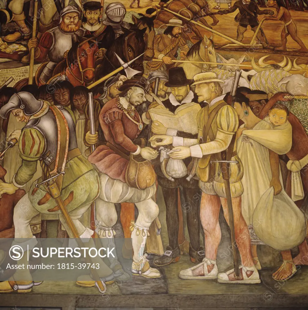 Mexico, Mexico-city, National palast, frescos of Diego Riveras and Cortes