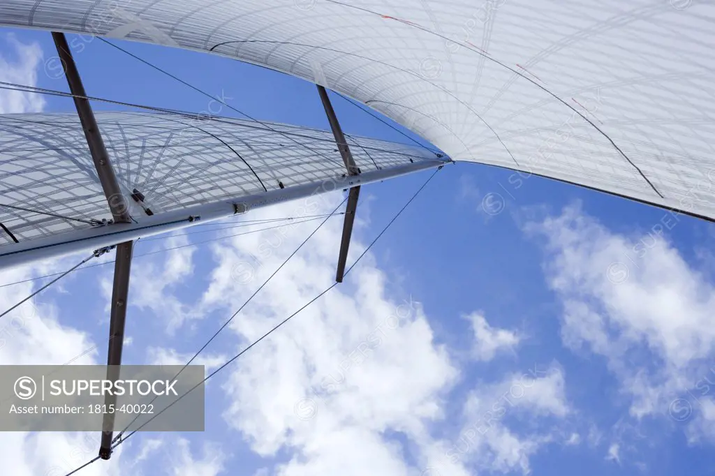 Germany, Baltic Sea, Lübecker Bucht, Mast and sails of yacht, low angle view,