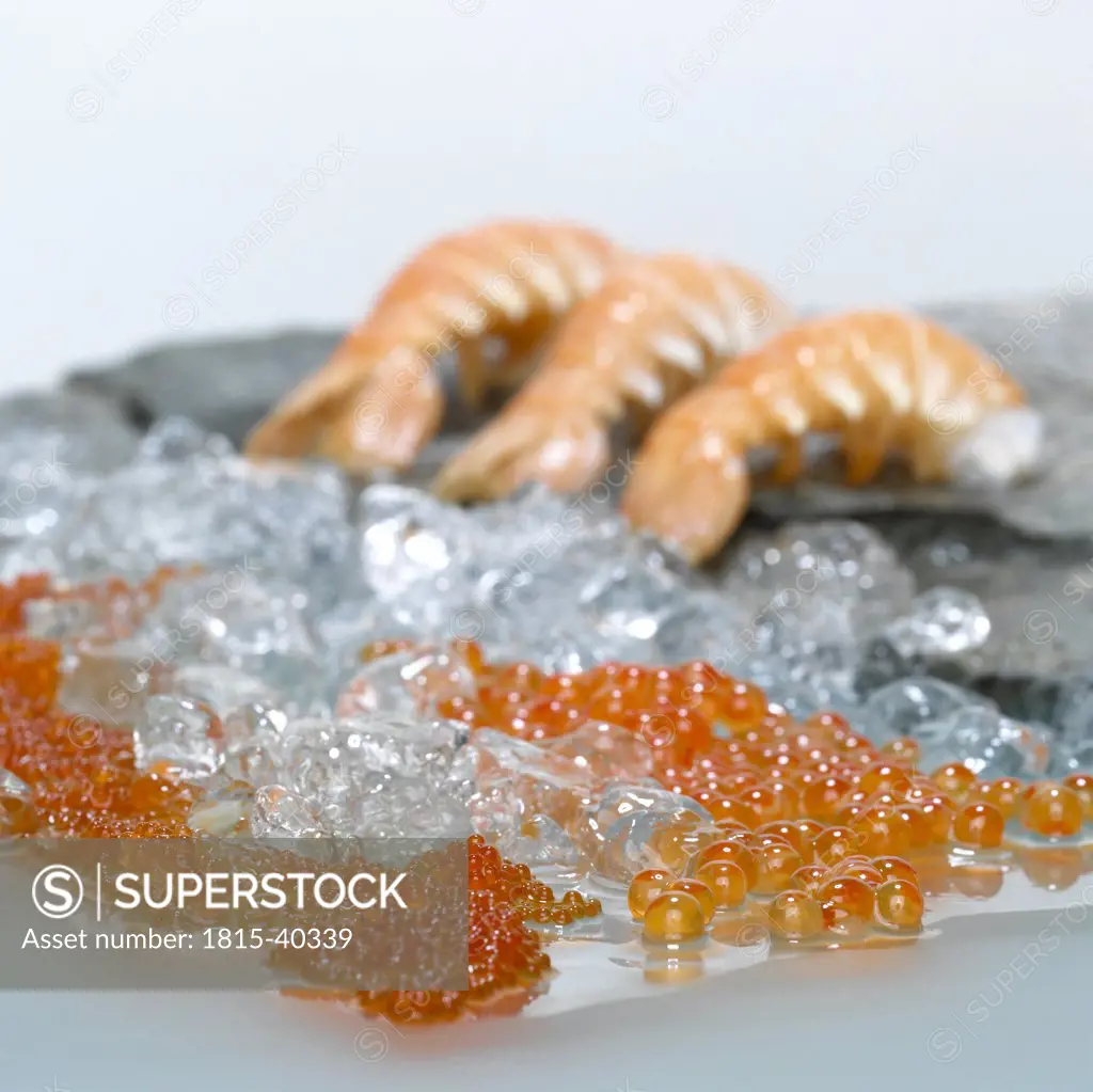 Shrimps and caviar on crushed ice